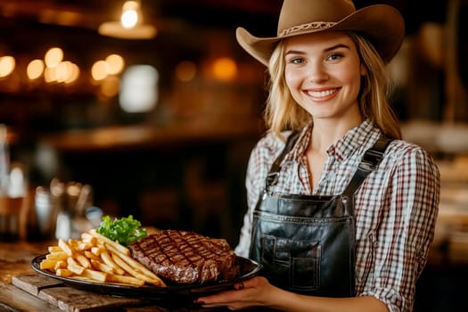 Girl in cowboy outfit serving steaks with fries. AI generative.