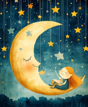 The image of the cute girl sleeping on the moon with stars suspended by thin threads . AI generative.