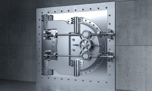 Large metal bank vault door  security concept 3d background