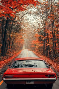 classic car on road with autumn landscape . AI generative.
