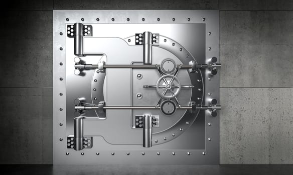 Large metal bank vault door is closing in a concrete room 3d