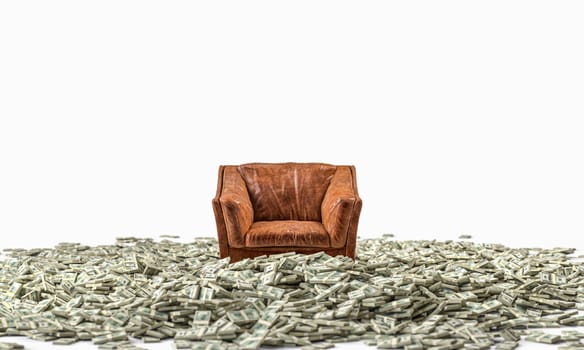 Brown leather armchair pile of dollar bills concept of wealth 3d
