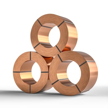 Three copper wire rolls  pyramid  on white background 3d