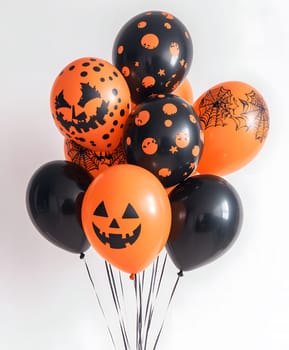 A bunch of orange and black balloons with Halloween themed patterns, a fun decoration for any event.