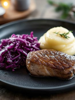 Duck fillet,red cabbage and apple mousse. AI generative.