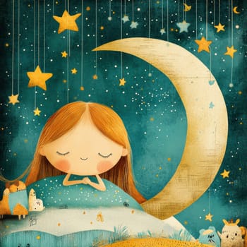 The image of the cute girl sleeping on the moon with stars suspended by thin threads . AI generative.
