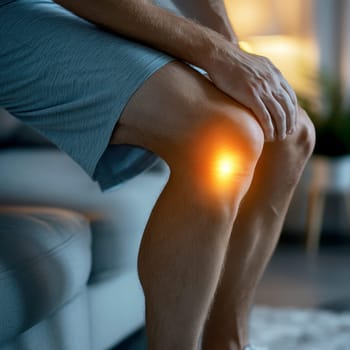Digital composite of highlighted knee of a man with knee pain. AI generative.