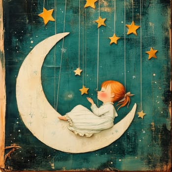 The image of the cute girl sleeping on the moon with stars suspended by thin threads . AI generative.