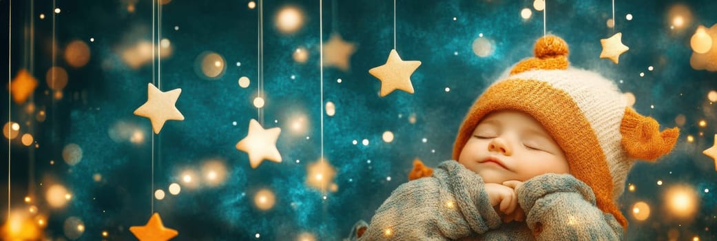 The image of the cute girl sleeping on the moon with stars suspended by thin threads . AI generative.
