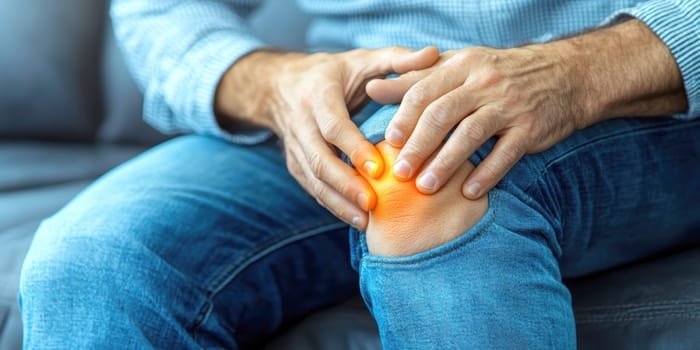 Digital composite of highlighted knee of a man with knee pain. AI generative.