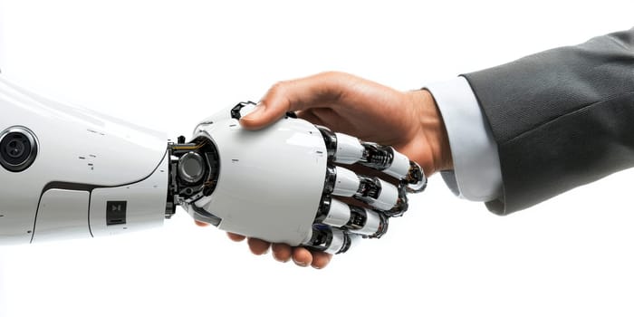 Cooperation between human and robot controlled by AI algorithms. AI generative.