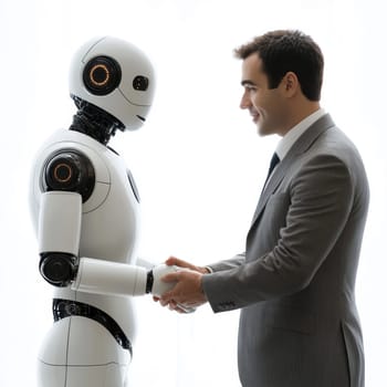 Cooperation between human and robot controlled by AI algorithms. AI generative.