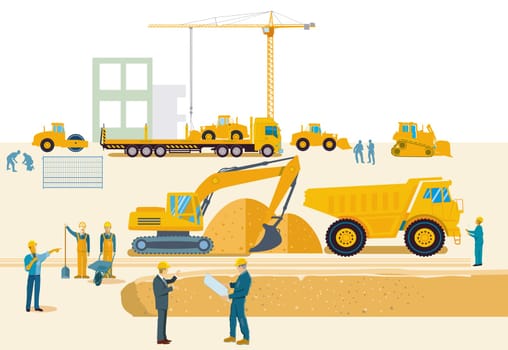 Construction workers on the construction site, illustration