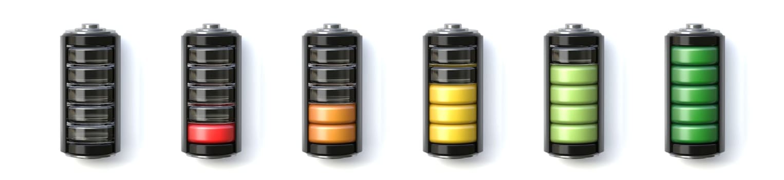 Set of battery charge indicators with charge levels 3D rendering illustration isolated on white background