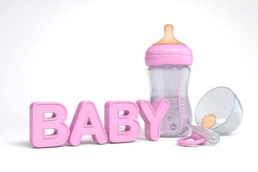 Pink baby pacifier and bottle 3D rendering illustration isolated on white background
