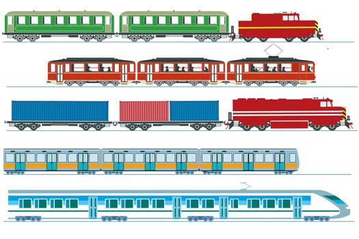 Set of passenger trains, subway, high-speed trains and tram, freight train - illustration