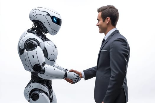 Cooperation between human and robot controlled by AI algorithms. AI generative.
