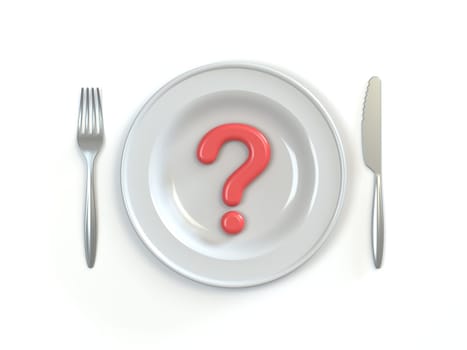 Meal time red question mark in plate 3D rendering illustration isolated on white background
