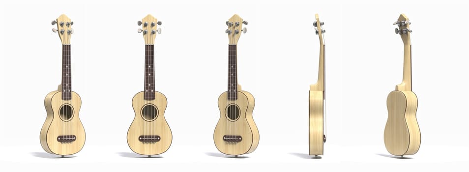 Ukulele Different viewing angles 3D rendering illustration isolated on white background