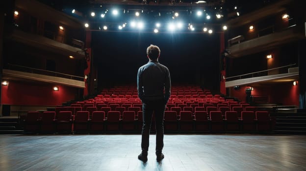A solitary actor rehearses on stage, preparing for a performance in an empty theater with rows of red seats.