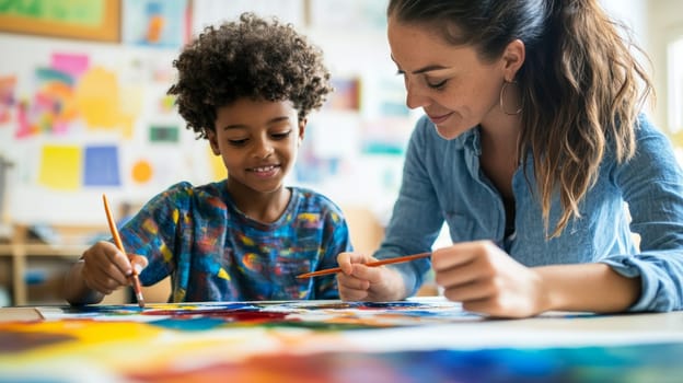 Supportive teacher guides a smiling young student during a painting activity, both working side by side in a bright, art filled classroom environment.