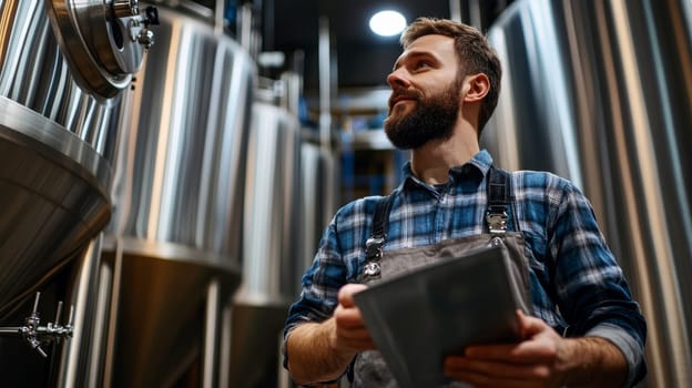 Focused brewmaster examining brewing tanks in modern craft beer facility, demonstrating attention to detail in quality control process.