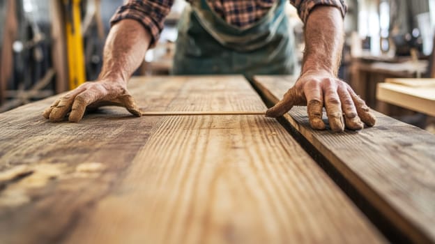 Close up of carpenter's hands aligning wooden planks on workbench, demonstrating precision and skill in woodworking and furniture construction.