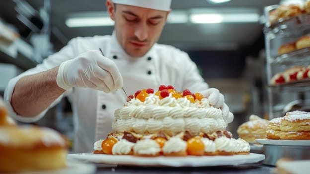 Focused pastry chef in white uniform decorating a layered pavlova dessert with whipped cream, fresh raspberries, and golden berries in a commercial kitchen setting.