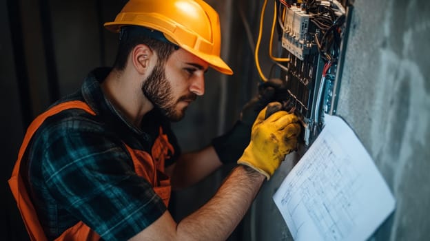 Electrician in safety gear examining wiring diagram and electrical panel at night, highlighting after hours maintenance and emergency repair services.