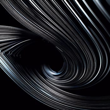 Graceful, swirling curves emerging from a dark backdrop, emphasizing fluidity and a dynamic sense of movement, inviting contemplation. Black background with smooth lines and shadows. Generative AI.