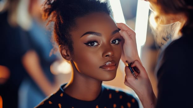 Professional makeup artist applying finishing touches to a model's face during a fashion photoshoot, showcasing behind the scenes beauty preparation.