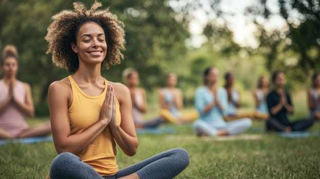 Radiant woman with curly hair in yellow tank top, eyes closed and smiling while in prayer pose during outdoor yoga class, group visible in background.
