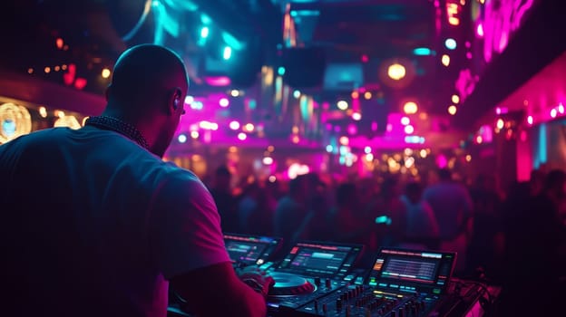 DJ at control panel overlooking crowded nightclub dance floor, surrounded by colorful lights and energetic atmosphere, mixing music on professional equipment.