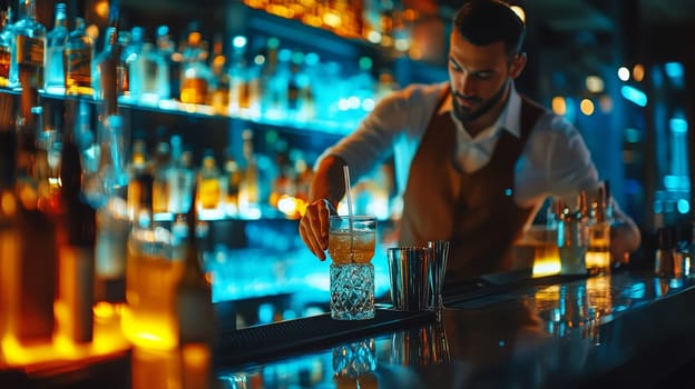 Bartender carefully preparing a cocktail in a crystal glass at a sleek bar counter, with colorful ambient lighting and an extensive selection of spirits.