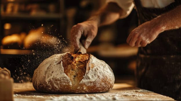 Close up of a baker's hands dusting flour over a freshly baked artisan bread loaf, capturing the moment with flying flour particles in warm, atmospheric lighting.