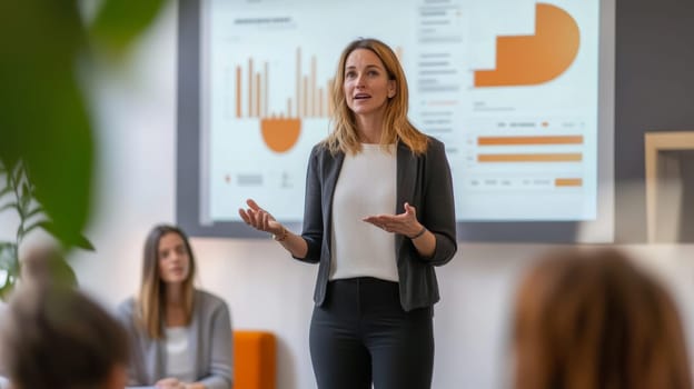 Confident female executive explaining data charts to attentive team, demonstrating leadership and analytical skills in a bright, modern office setting.