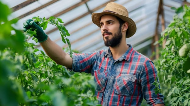 A bearded farmer in a plaid shirt and straw hat carefully examines herb plants in a greenhouse, showcasing attention to detail in organic herb cultivation.