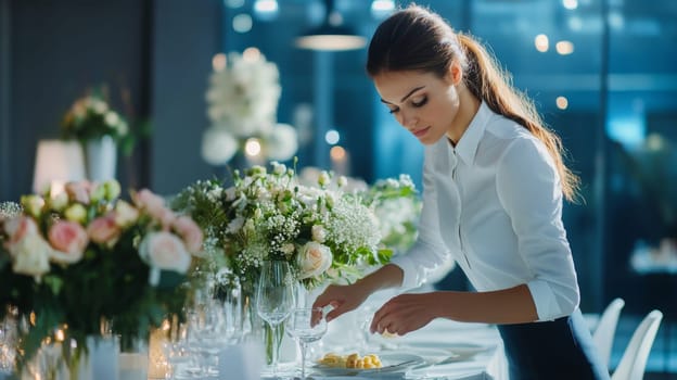 A dedicated wedding coordinator in crisp white attire carefully arranges glassware and floral centerpieces, ensuring a flawless reception table setup in an elegant venue.