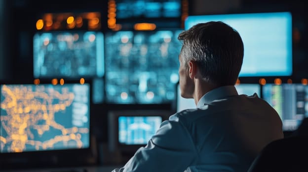 A flight dispatcher monitors operations on multiple screens, ensuring efficient airline scheduling.
