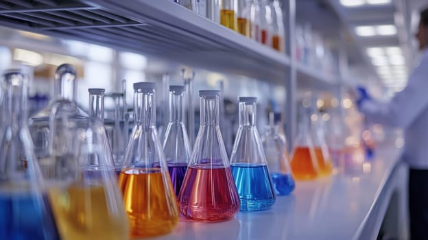 Assortment of vivid chemical solutions in laboratory flasks on a countertop, illustrating diversity in scientific research and experimentation.
