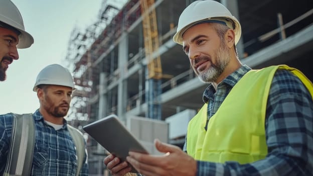 Two construction supervisors in hard hats and safety vests examine digital plans on a tablet at a construction site, with a third worker visible in the background.
