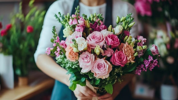 A florist wearing an apron crafts a beautiful bouquet with pink roses, white flowers, and greenery, showcasing the art of floral arrangement.