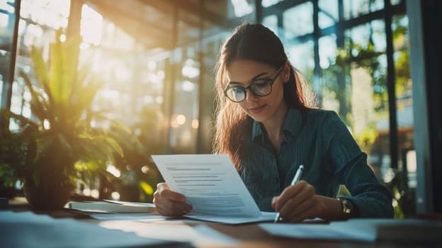 HR consultant carefully reviewing documents at a desk, highlighting the recruitment and hiring process.