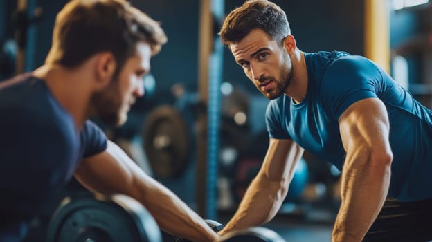Energetic fitness coach encouraging and guiding male client during intense weightlifting workout in well equipped gym, focusing on proper technique and motivation.