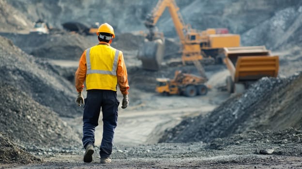 A mining engineer walks through a mine site, assessing equipment and site conditions for safety.