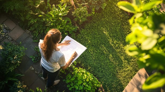 Aerial view of a landscape designer reviewing plans while standing on a garden path, surrounded by lush greenery and carefully planned landscaping.