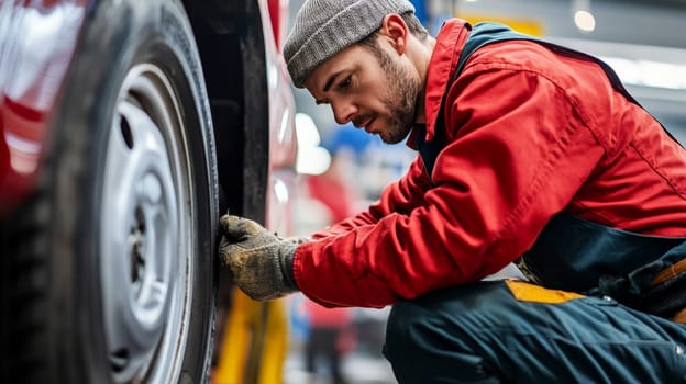 Mechanic in red jacket and knit cap inspecting car wheel during seasonal tire change, showcasing automotive maintenance and winter preparation in a professional garage.