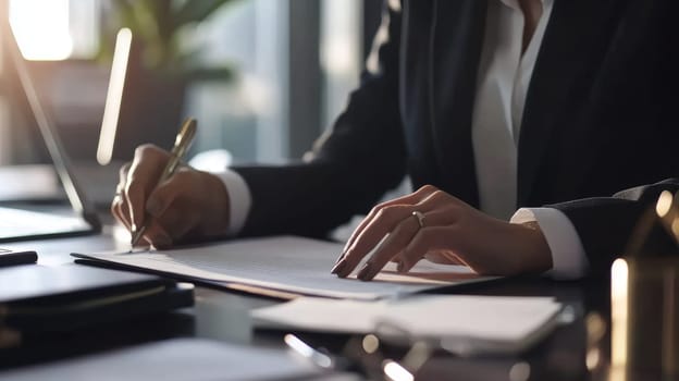 Law firm secretary managing legal papers at a desk, highlighting organizational skills and legal knowledge.