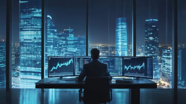 Trader monitoring financial markets on multiple screens in a high rise office with a panoramic view of illuminated skyscrapers at night.