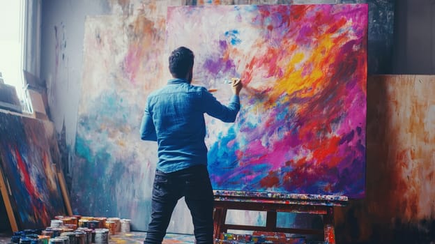 Rear view of a male artist creating a vibrant abstract painting on a large canvas, showcasing expressive brushwork and a bold color palette in a well lit studio.